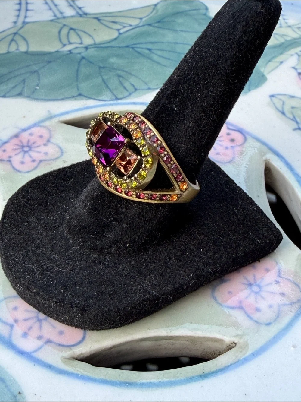 Heidi Daus Amethyst, Amber, and Lime Crystal Statement Cocktail Ring. *Size 7